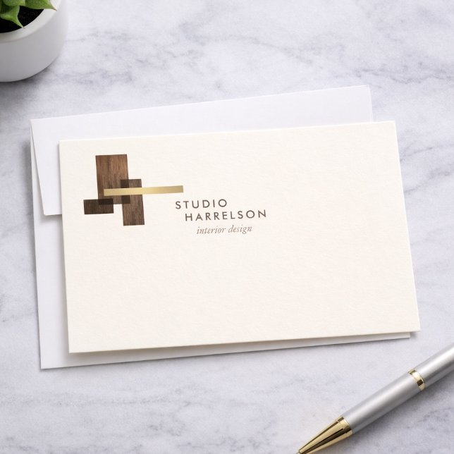 Tarjeta Pequeña Interior Designer Wood Gold Logo Ivory Notecard (Subido por el creador)