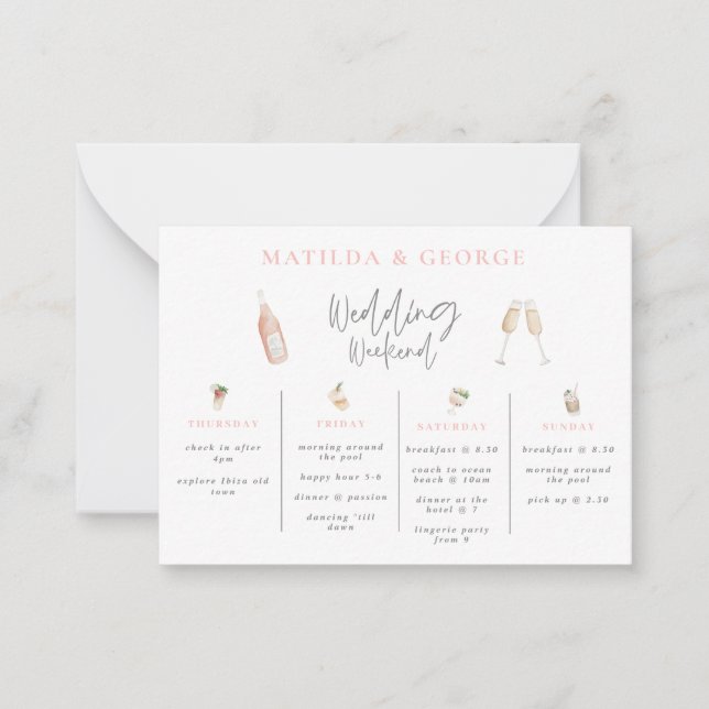Tarjeta Pequeña itinerario de fin de semana del boda de bebidas ac (Anverso)