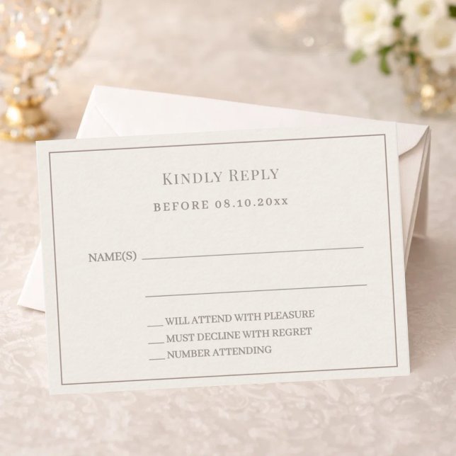 Tarjeta Pequeña Ivory taupe pinstriped wedding response RSVP (Subido por el creador)