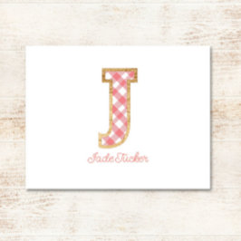 Tarjeta Pequeña "J" Pink Gingham Rústico y Preppy en Wood Girly