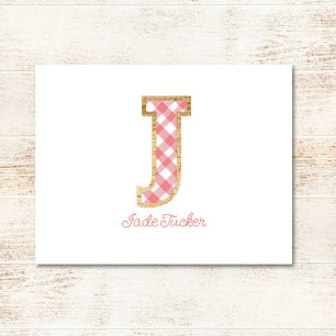 Tarjeta Pequeña "J" Pink Gingham Rústico y Preppy en Wood Girly