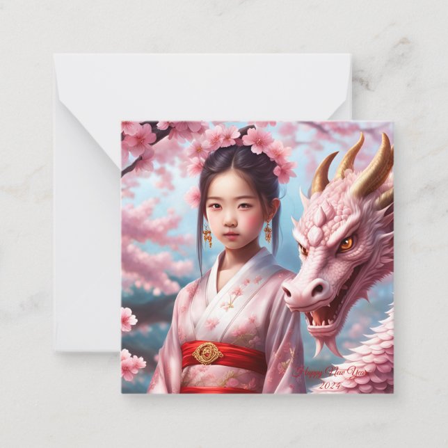 Tarjeta Pequeña Jahr des Drachen 2024 - Mädchen zwischen Kirschblü (Anverso)