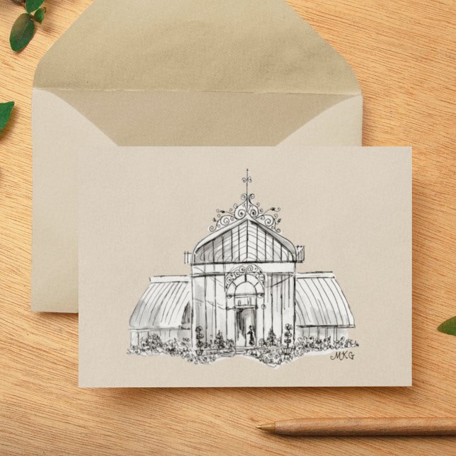 Tarjeta Pequeña Jardín botánico de invernadero victoriano Arte ele (This ink drawing of a Victorian greenhouse is lovely on a kraft background as well as classic white.)