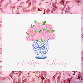 Tarjeta Pequeña Jarrón Chinoiserie de Hortensia Rosa Acuarela Pers