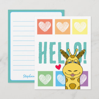 Tarjeta Pequeña Jirafa Linda Arcoíris Con Corazones Hola