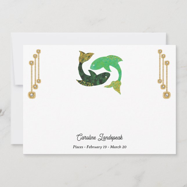 Tarjeta Pequeña Joyas Pearl & Gold con Rótulo Pisces Zodiac (Anverso)