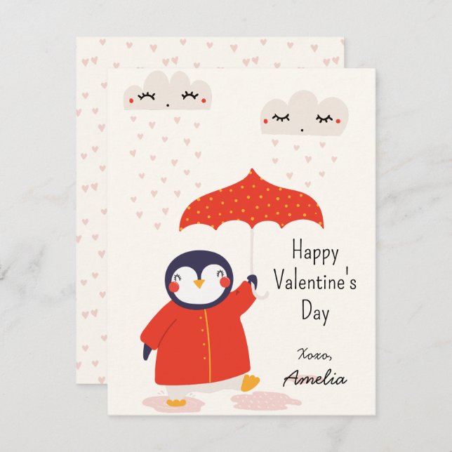 Tarjeta Pequeña Kids Classroom Cute Penguin Valentine's Day (Anverso / Reverso)