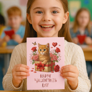 Tarjeta Pequeña Kids Classroom El día de San Valentín Cute Kitty
