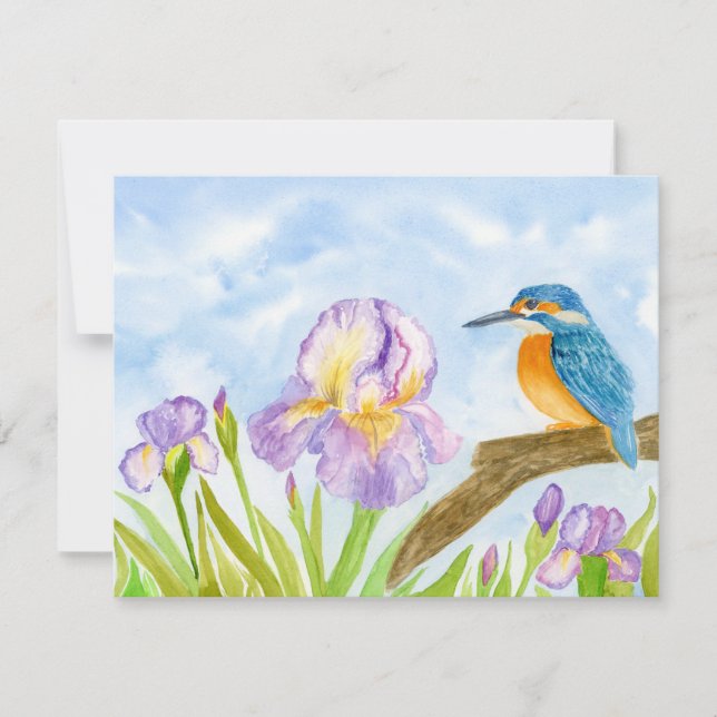 Tarjeta Pequeña Kingfisher with Purple Irises Personalized (Anverso)