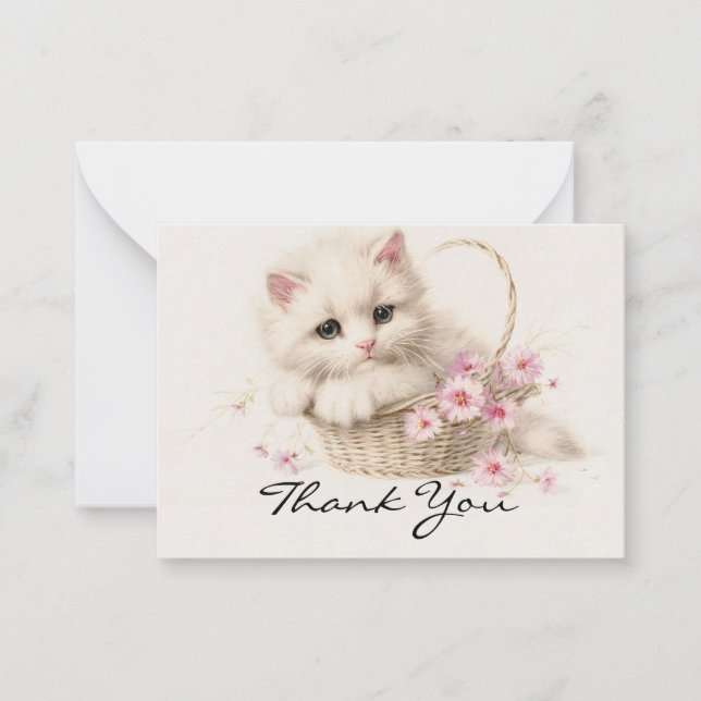 Tarjeta Pequeña Kitty en Cesta de Flores Gracias (Anverso)