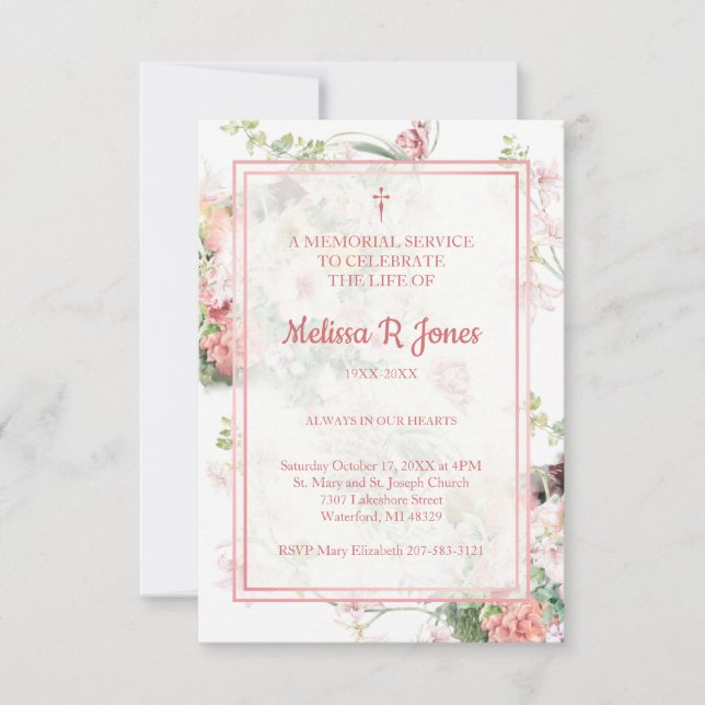 Tarjeta Pequeña La celebración del funeral color rosa floral, la v (Anverso)