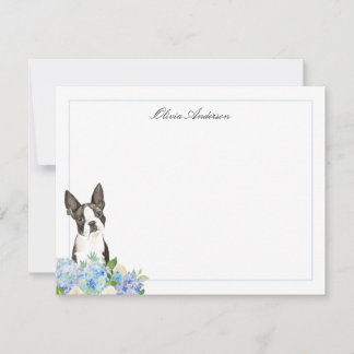 Tarjeta Pequeña La hidrangea azul de Boston Terrier Personalizada