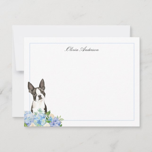Tarjeta Pequeña La hidrangea azul de Boston Terrier Personalizada (Anverso)