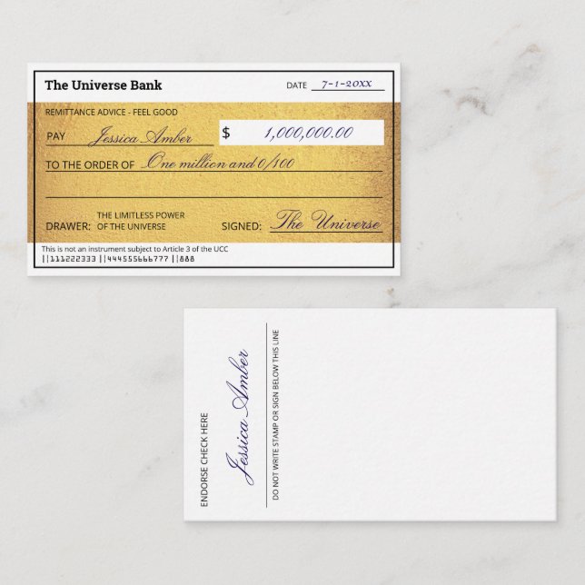 Tarjeta Pequeña Law of Attraction Gold Manifestation Blank Check  (Anverso / Reverso)