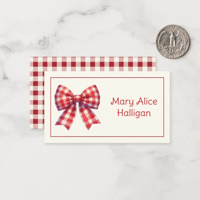Tarjeta Pequeña Lazo de gingham rojo y crema lindo (Anverso/Reverso In Situ)