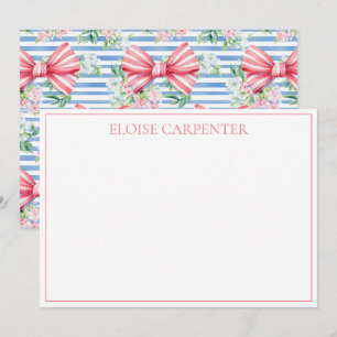 Tarjeta Pequeña Lazos y flores a rayas rosadas y blancas elegantes