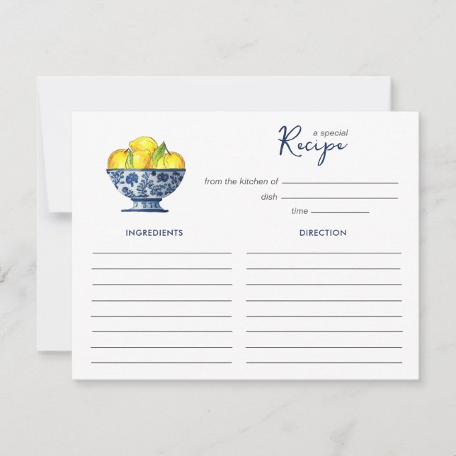 Tarjeta Pequeña Lemons in blue and white bowl Recipe card (Anverso)