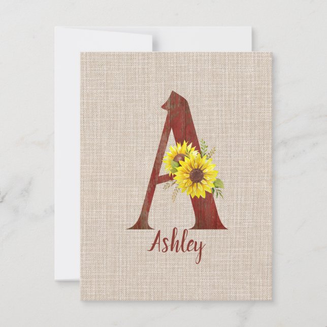 Tarjeta Pequeña Letra A y girasol de madera de grano personalizada (Anverso)