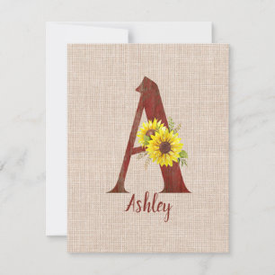 Tarjeta Pequeña Letra A y girasol de madera de grano personalizada