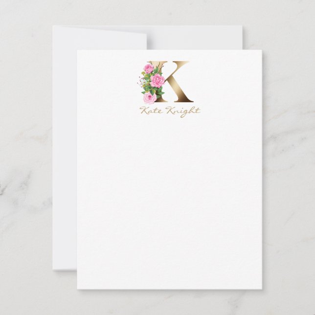 Tarjeta Pequeña Letra elegante K rosas rosadas Monograma de oro (Anverso)