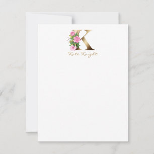 Tarjeta Pequeña Letra elegante K rosas rosadas Monograma de oro