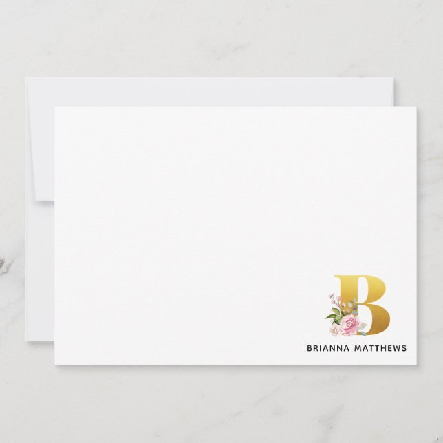 Tarjeta Pequeña Letra rosa floral honda oro B nombre de monograma (Anverso)