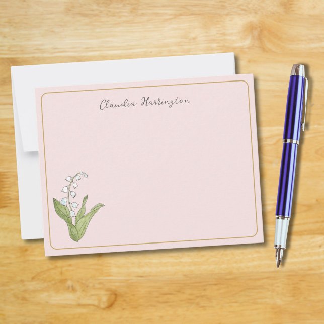 Tarjeta Pequeña Lily del Valle Floral Botánica Girly Pink (A girly pink background and my hand-painted Lily of the Valley make this flat card charming.)