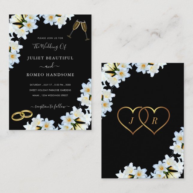 Tarjeta Pequeña Lily Flowers Black White Modern Wedding Invitation (Anverso / Reverso)