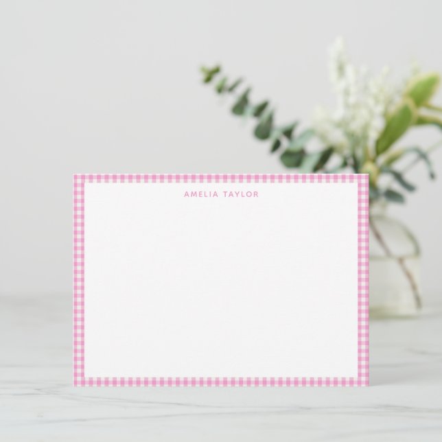 Tarjeta Pequeña Lindo Personalizado de Cuadro de Gingham Rosa Blan (Anverso de pie)