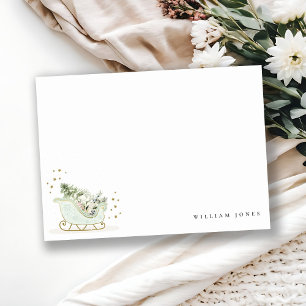 Tarjeta Pequeña Lindo Trineo Azul Acuático Dorado Cumpleaños Invie