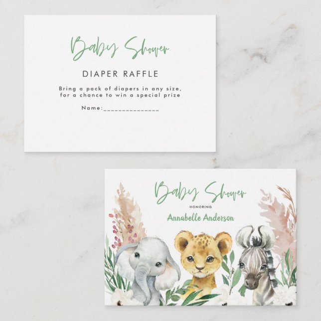 Tarjeta Pequeña lindos animales de safari bebé ducha de pañales ri (Anverso / Reverso)