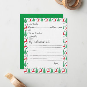 Tarjeta Pequeña Lista de deseos de niño para Santa Reno y árboles