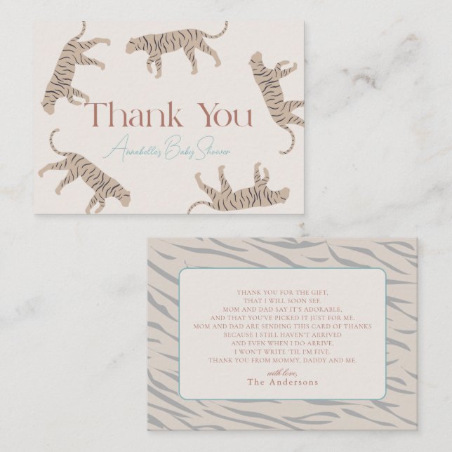 Tarjeta Pequeña Little Tiger Taupe Baby Shower Gracias (Anverso / Reverso)