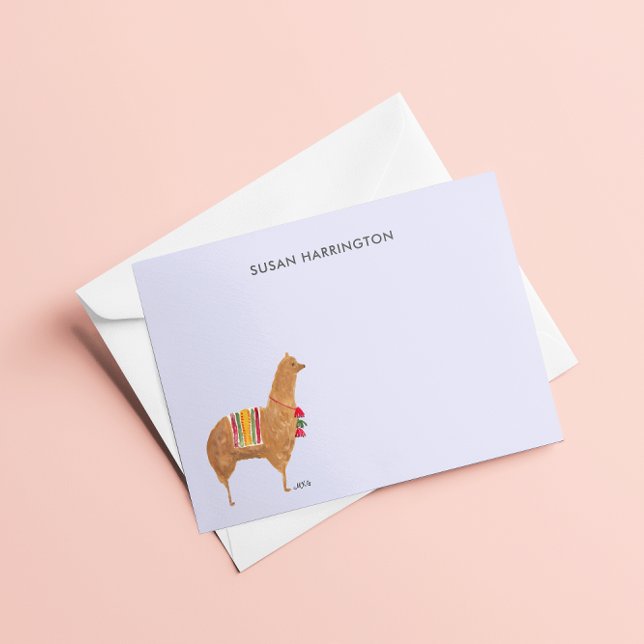 Tarjeta Pequeña Llama alpaca personalizada con una mano ilustrada (This hand-drawn alpaca is elegant against a soft lavender background. )