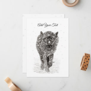 Tarjeta Pequeña Lobo Negro Enojado en la Nieve, invierno salvaje