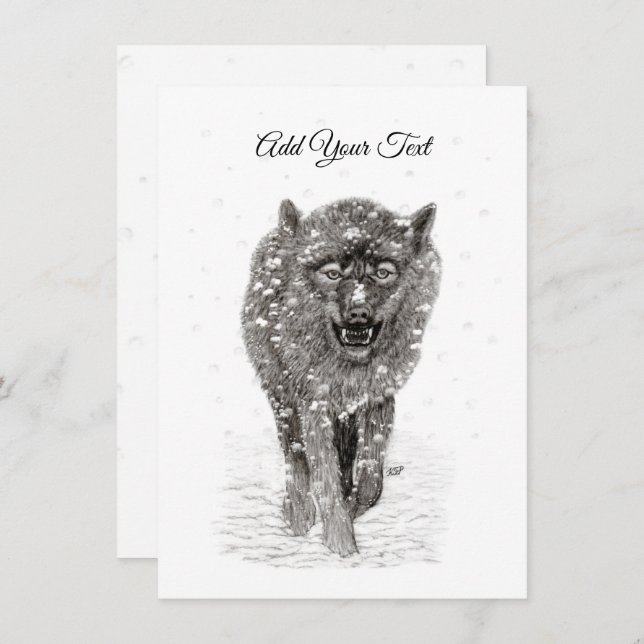 Tarjeta Pequeña Lobo Negro Enojado en la Nieve, invierno salvaje (Anverso / Reverso)