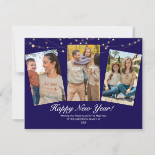 Tarjeta Pequeña Luces Azules de Feliz Año Nuevo Foto Familiar