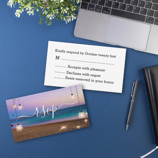 Tarjeta Pequeña luces elegantes playa atardecer tropical rsvp boda (Subido por el creador)