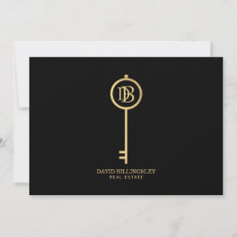 Tarjeta Pequeña Lujo Faux Gold Skeleton Key Monograma Negro