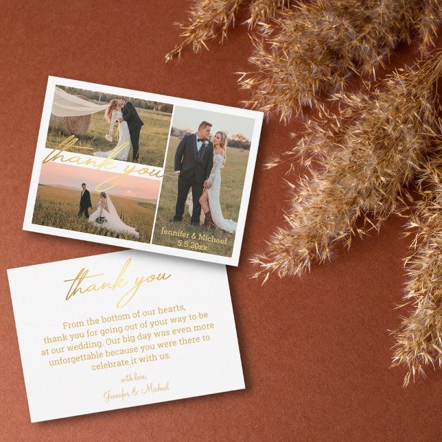 Tarjeta Pequeña lujo gracias 3 fotos boda collage dorado (Subido por el creador)