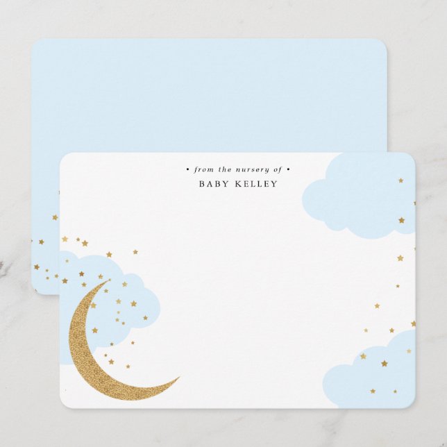 Tarjeta Pequeña Luna de oro y estrellas, nubes azules llenas de be (Anverso / Reverso)