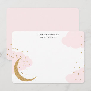 Tarjeta Pequeña Luna dorada y estrellas, nubes rosadas Baby Flat