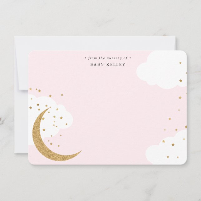 Tarjeta Pequeña Luna y estrellas, plano personalizado rosa bebé (Anverso)
