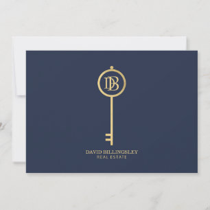 Tarjeta Pequeña Luxe Faux Gold Skeleton Key Monograma Navy