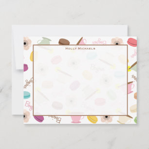 Tarjeta Pequeña Macarons franceses Anemome y teacups Flat Notecard