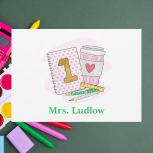 Tarjeta Pequeña Maestra de primer grado Pink Polka Dots Gold 1 Per