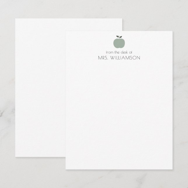 Tarjeta Pequeña Maestra personalizada Sage Green Cute Apple (Anverso / Reverso)