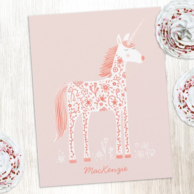 Tarjeta Pequeña Magical Unicorn Blush Pink Personalized Name (Magical Unicorn pretty pink personalized custom name or text notecards)