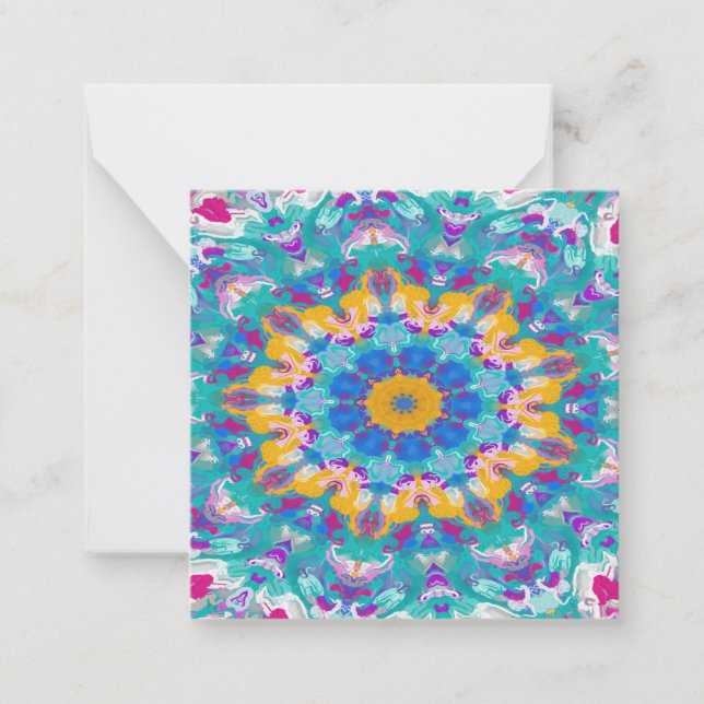 Tarjeta Pequeña Mandalá de rosa, azul y amarillo (Anverso)