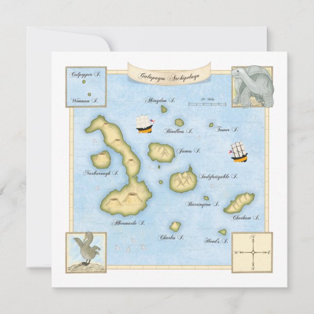Tarjeta Pequeña Mapa con barcos del archipiélago de las Galápagos (Anverso)